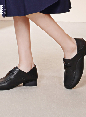 【商场同款】马内尔真皮厚底小皮鞋黑色复古英伦风单鞋女G35232