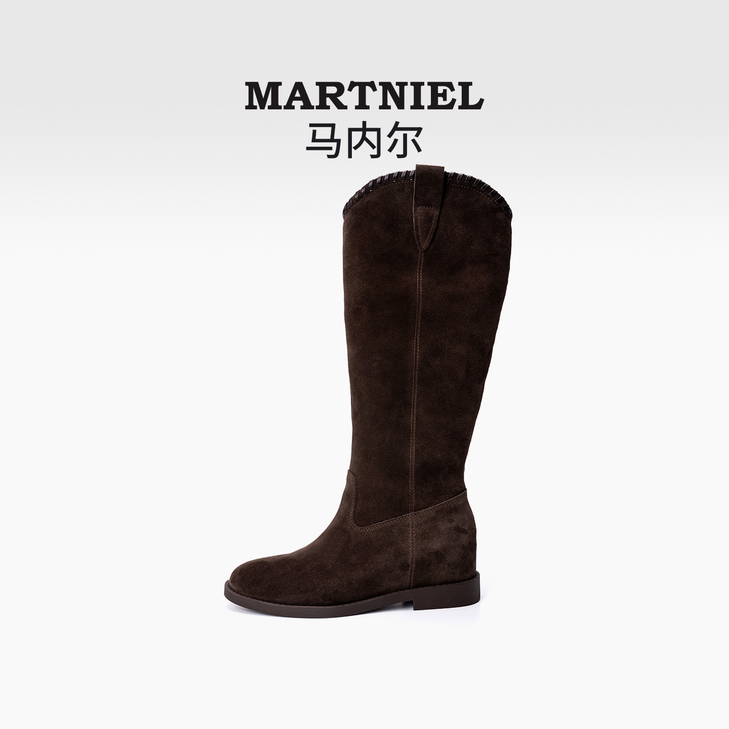 马内尔复古西部靴女2025冬季磨砂绒面长筒靴百搭内增高粗跟骑士靴