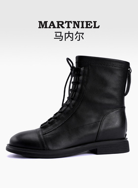 马内尔真皮短靴女冬季新款黑色休闲低跟防滑百搭舒适瘦瘦靴马丁靴