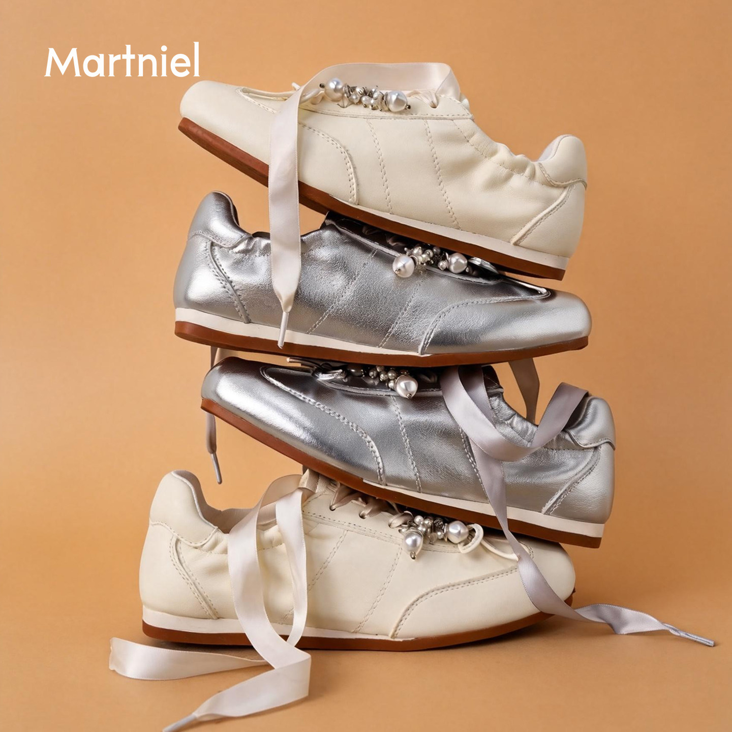 马内尔2026春款芭蕾德训鞋女白色蝴蝶结系带小白鞋百搭休闲运动鞋