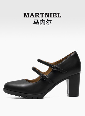 马内尔玛丽珍鞋女2024早春新品法式气质名媛粗跟高跟小皮鞋G45051