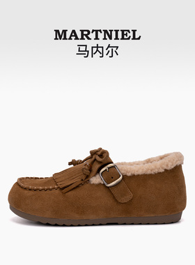 马内尔2025冬季新款加绒保暖牛皮博肯鞋雪地靴女舒适一脚蹬毛毛鞋