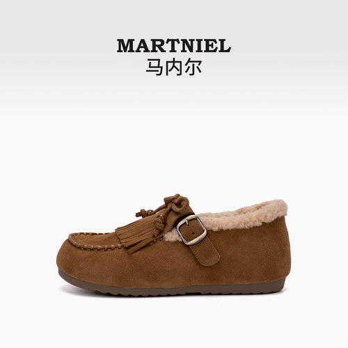 马内尔2025冬季新款加绒乐福鞋女