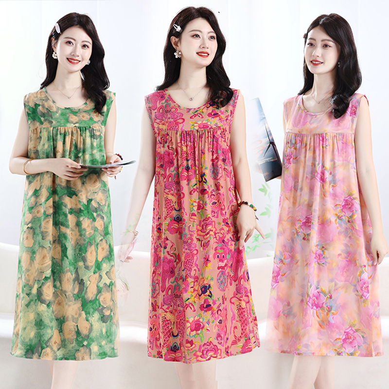 中老年妈妈装棉绸睡裙女夏季