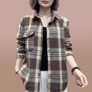 磨毛加厚毛呢格子衬衫女宽松春秋新款百搭休闲衬衣外套开衫上衣衫