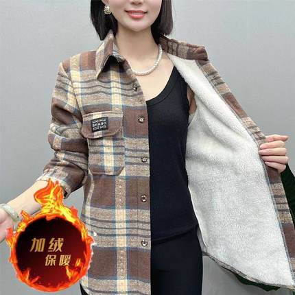 中老年秋冬加绒衬衫休闲宽松长袖毛呢格子加厚保暖衬衣外套上衣女