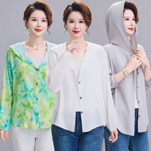 棉绸防晒衣女士夏季新款妈妈人造棉薄款衬衫外套长袖开衫上衣凉快