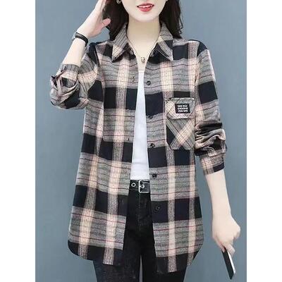 妈妈防晒衬衫棉春秋长袖格子衬衣