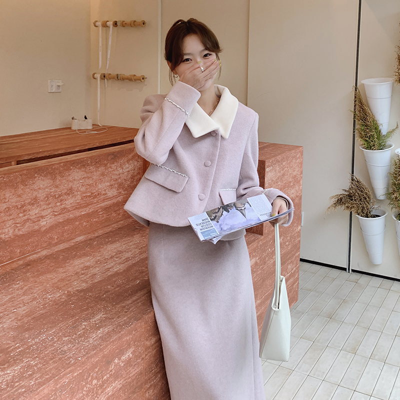 粉紫色毛呢裙女秋冬2025新款小香风高级感流行半身裙，女装毛呢外套，浙宝193A