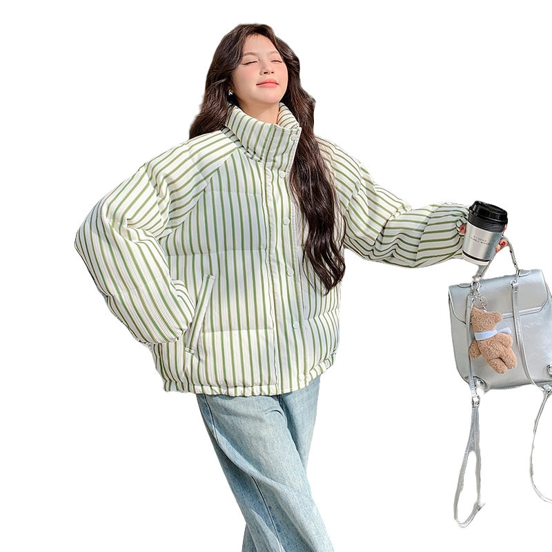 绿色条纹羽绒服女冬季2025新款高级感韩系设计感学院风加厚面包服,女装羽绒服,浙宝193A