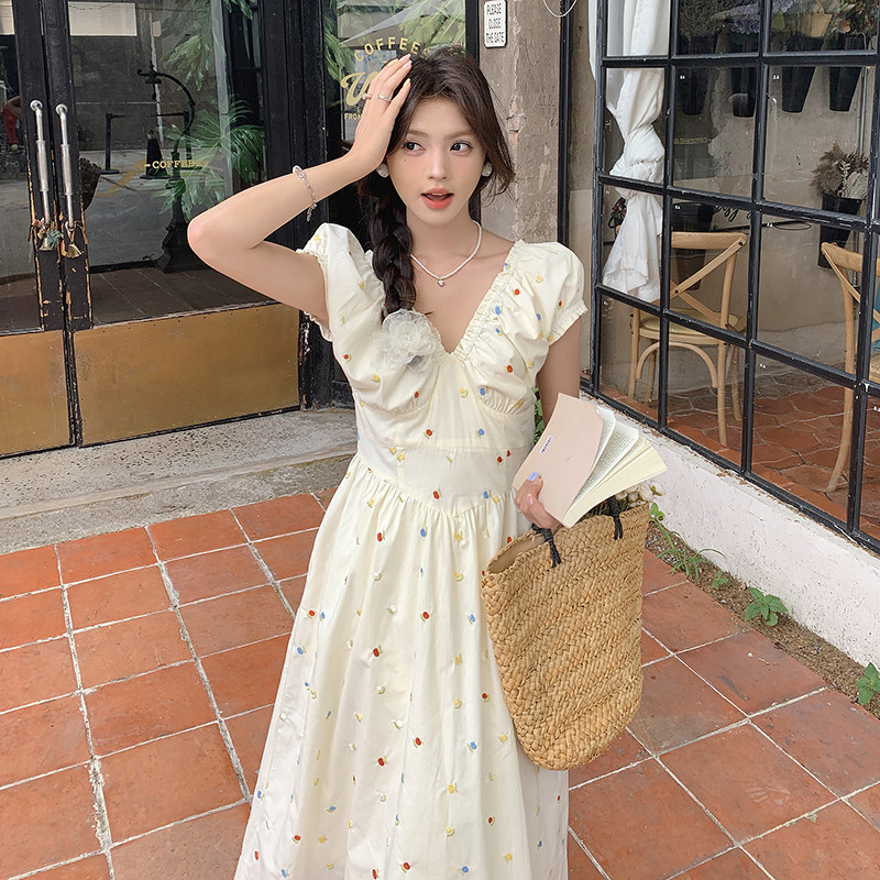 [现货]夏季新款小波点v领泡泡收腰显瘦袖连衣裙B515-P110-K165,女装连衣裙,浙宝193A