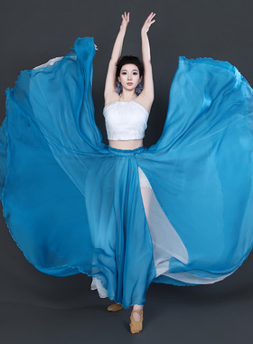 2026新款古典舞蓝白色双层天丝裙720度大摆裙两面穿开叉舞蹈裙
