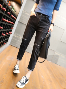 哈伦裤 大码 女胖mm梨型身材遮肉显瘦适合胯宽 破洞七分牛仔裤 薄款