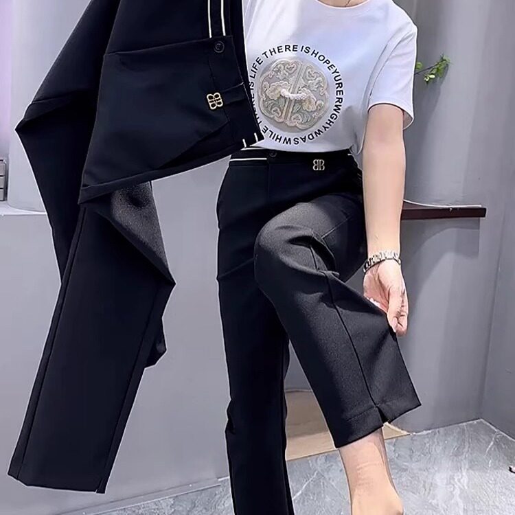 2026秋季新款黑色休闲西裤女大码高腰弹力遮胯显瘦九分直筒烟管裤