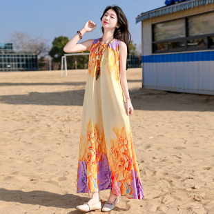 波西米亚风印花棉绸连衣裙女夏无袖 气质度假风妈妈蓝色花朵裙 长款