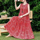 高端无袖 中年三亚裙子沙滩裙 海边度假大码 年轻款 棉绸连衣裙女夏季