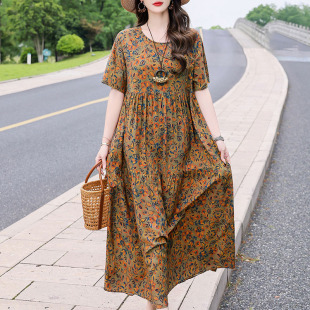 2025新款妈妈棉绸连衣裙轻奢高级感碎花人造棉长裙洋气有口袋外穿