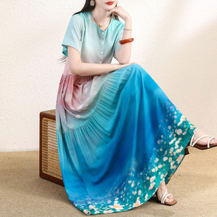 中老年度假风印花棉绸连衣裙女夏装大码宽松蓝色长裙妈妈气质裙子