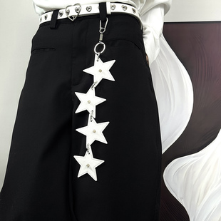 子挂件 饰腰链皮带配饰裤 白色小众设计皮革裤 链亚文化朋克风腰间装