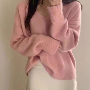 长袖 上衣女打底秋冬内搭 慵懒风V领纯色针织衫 网红百搭宽松针织衫