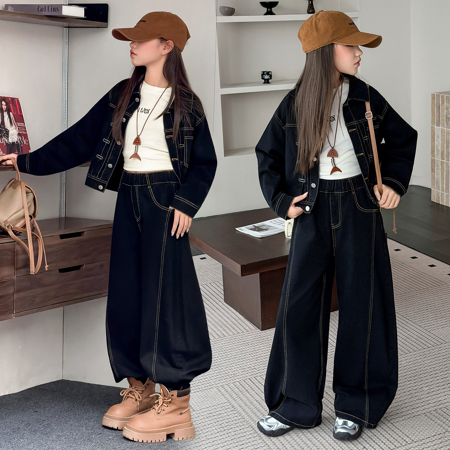 女童牛仔套装秋季女孩衬衫外套长裤两件套中大童休闲童装春秋衣服