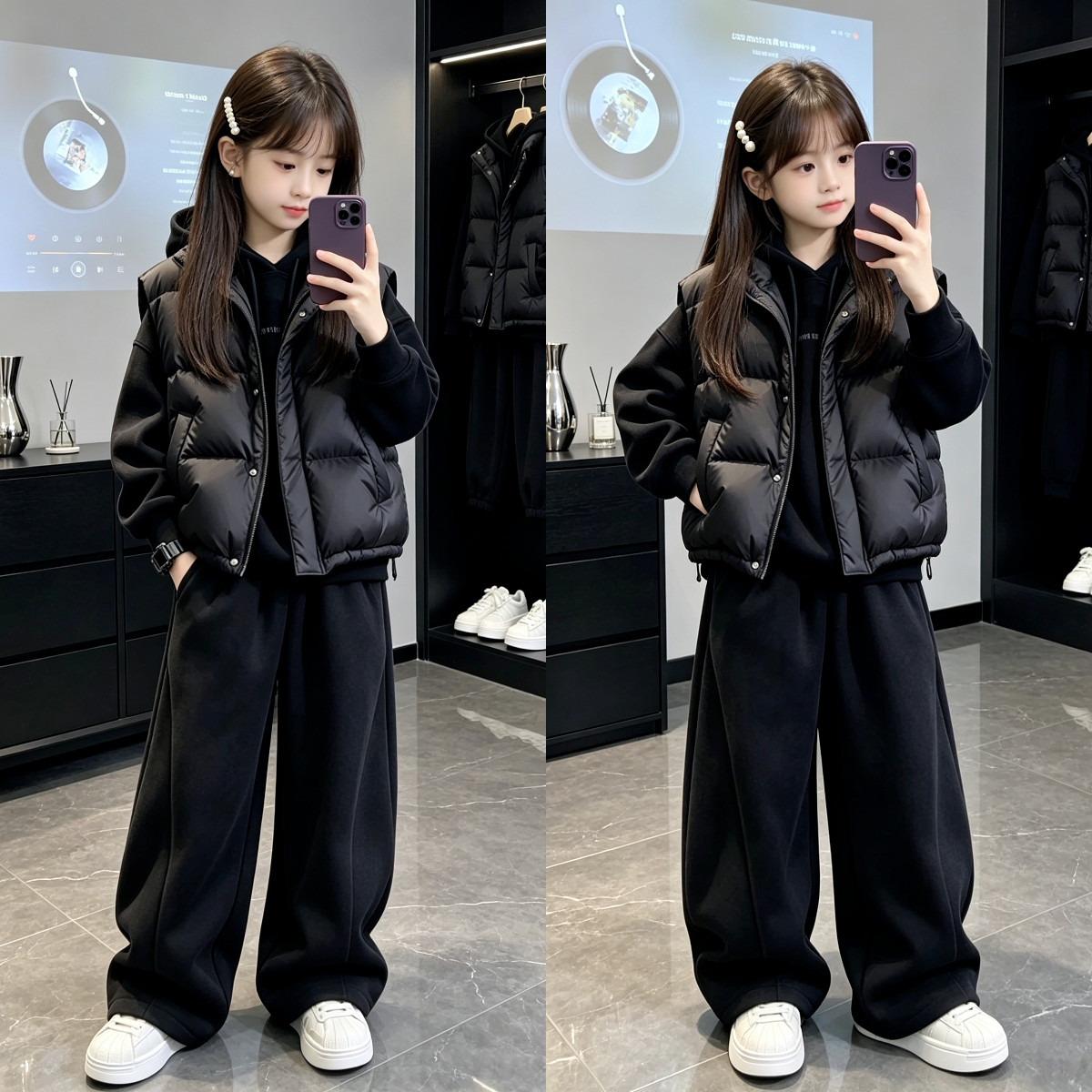 女童加绒卫衣套装秋冬新款儿童马甲运动服三件套中大童加厚冬装潮