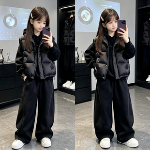 女童加绒卫衣套装秋冬新款儿童马甲运动服三件套中大童加厚冬装潮