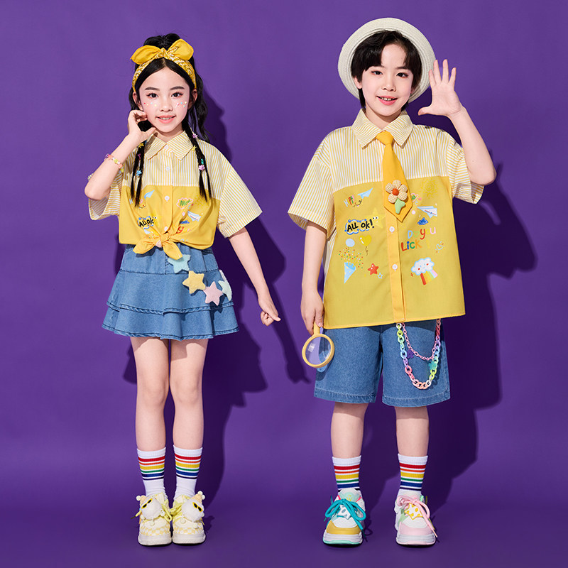 六一儿童节表演服夏季小学生班服园服毕业照学院风衬衫套装演出服