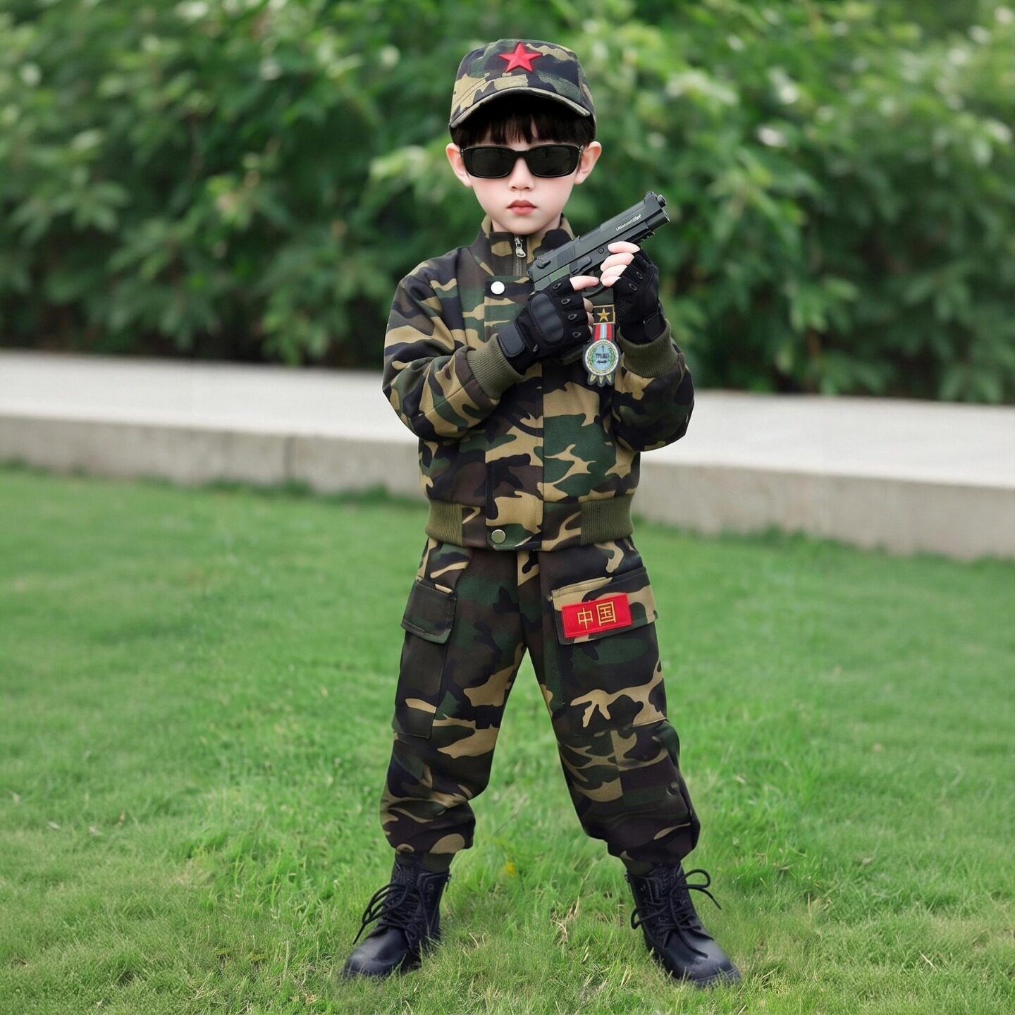 男女童长袖套装开学季表演训练服迷彩三件套幼儿园军训国庆演出服