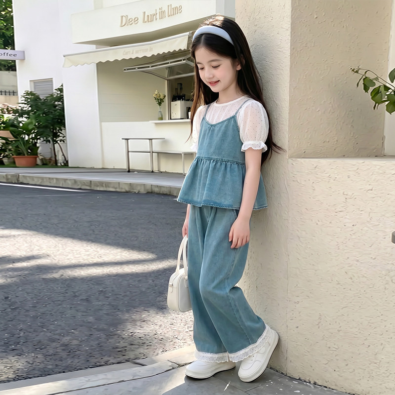 女童花边吊带套装夏季韩版女孩薄款T恤三件套大童纯棉上衣休闲裤