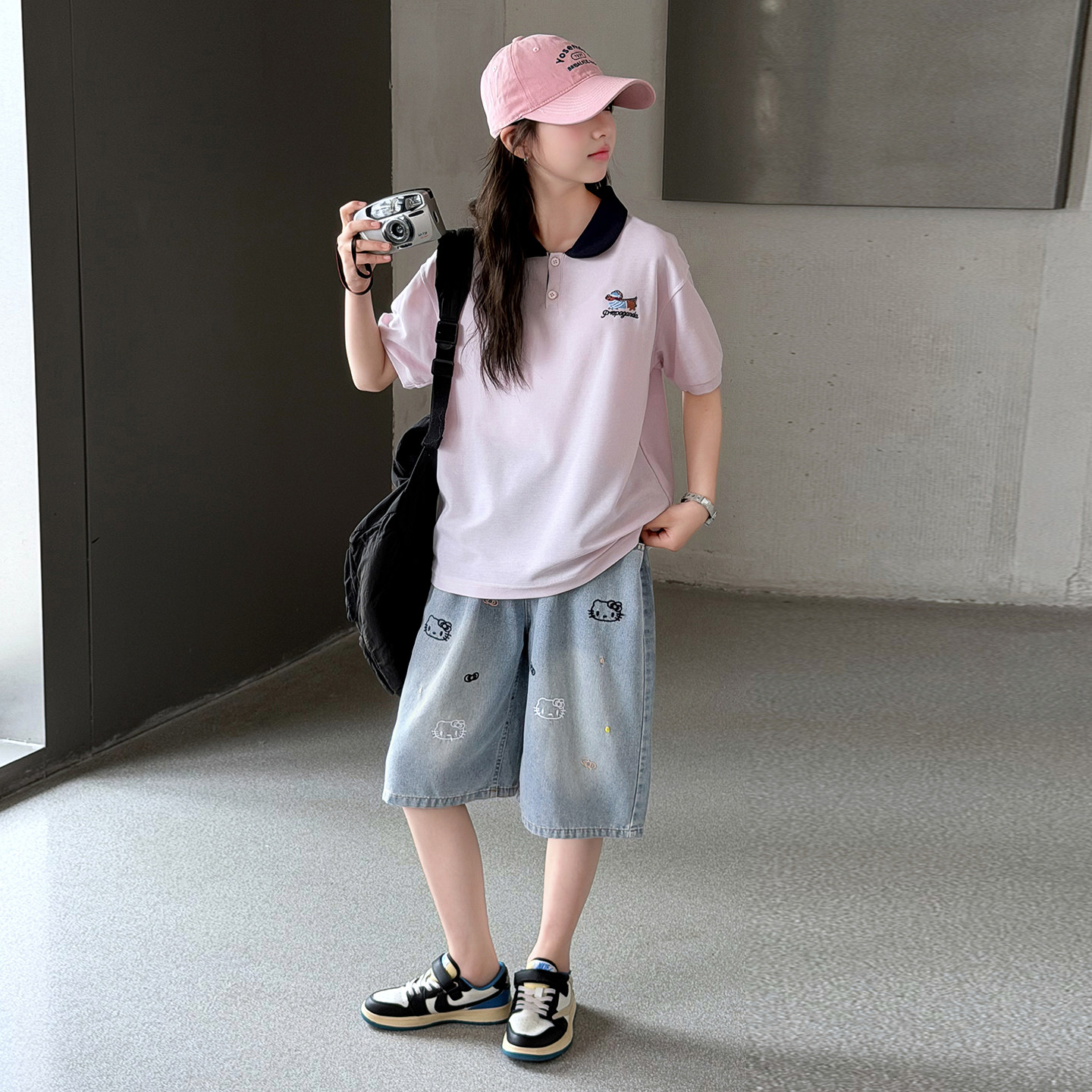 女孩短袖五分裤套装夏季新款儿童T恤牛仔中裤两件套女大童休闲装
