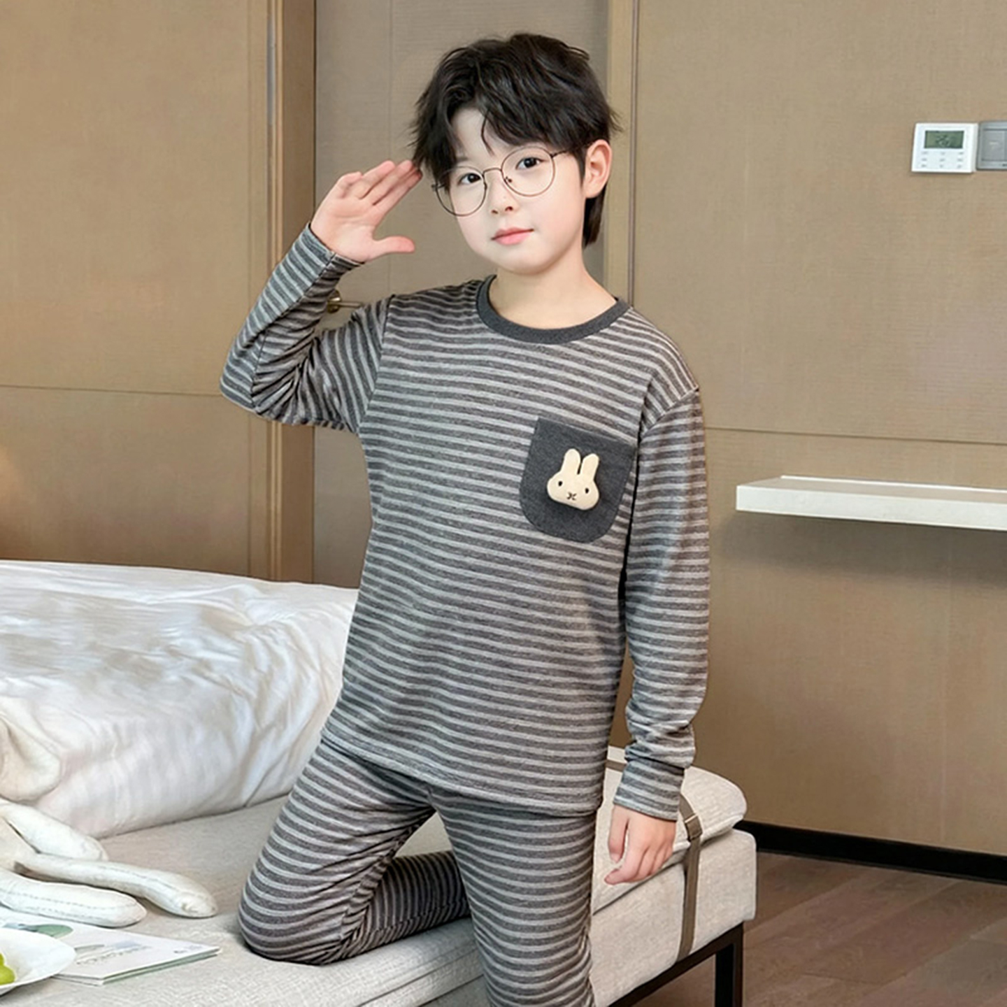 男童德绒睡衣冬季儿童休闲条纹家居服套装中大童男孩保暖童装衣服