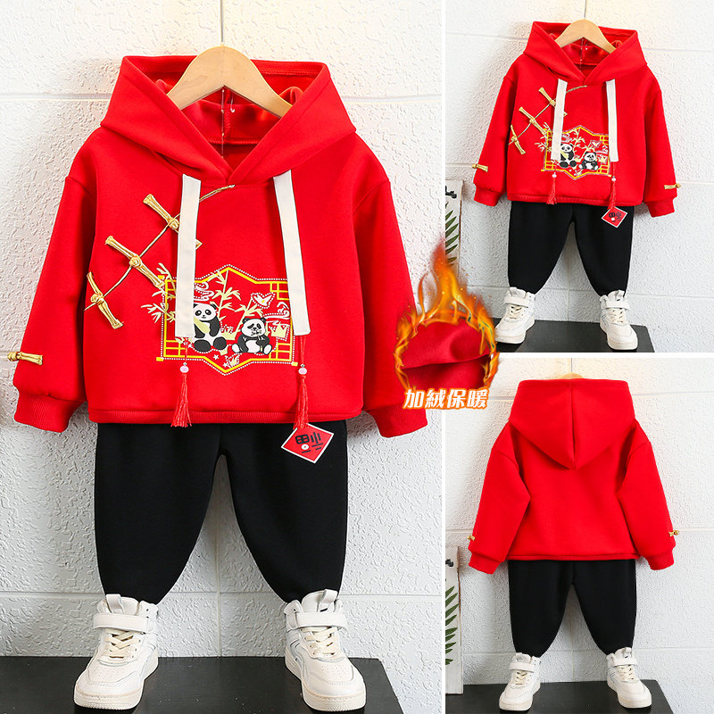 幼儿园元旦表演服秋冬装儿童加绒卫衣套装民族风国学服新年拜年服