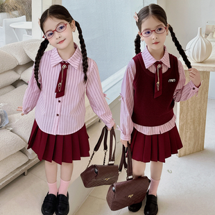 女童园服校服学院风演出服春秋儿童jk衬衫亮丝马甲衬衫裙子三件套