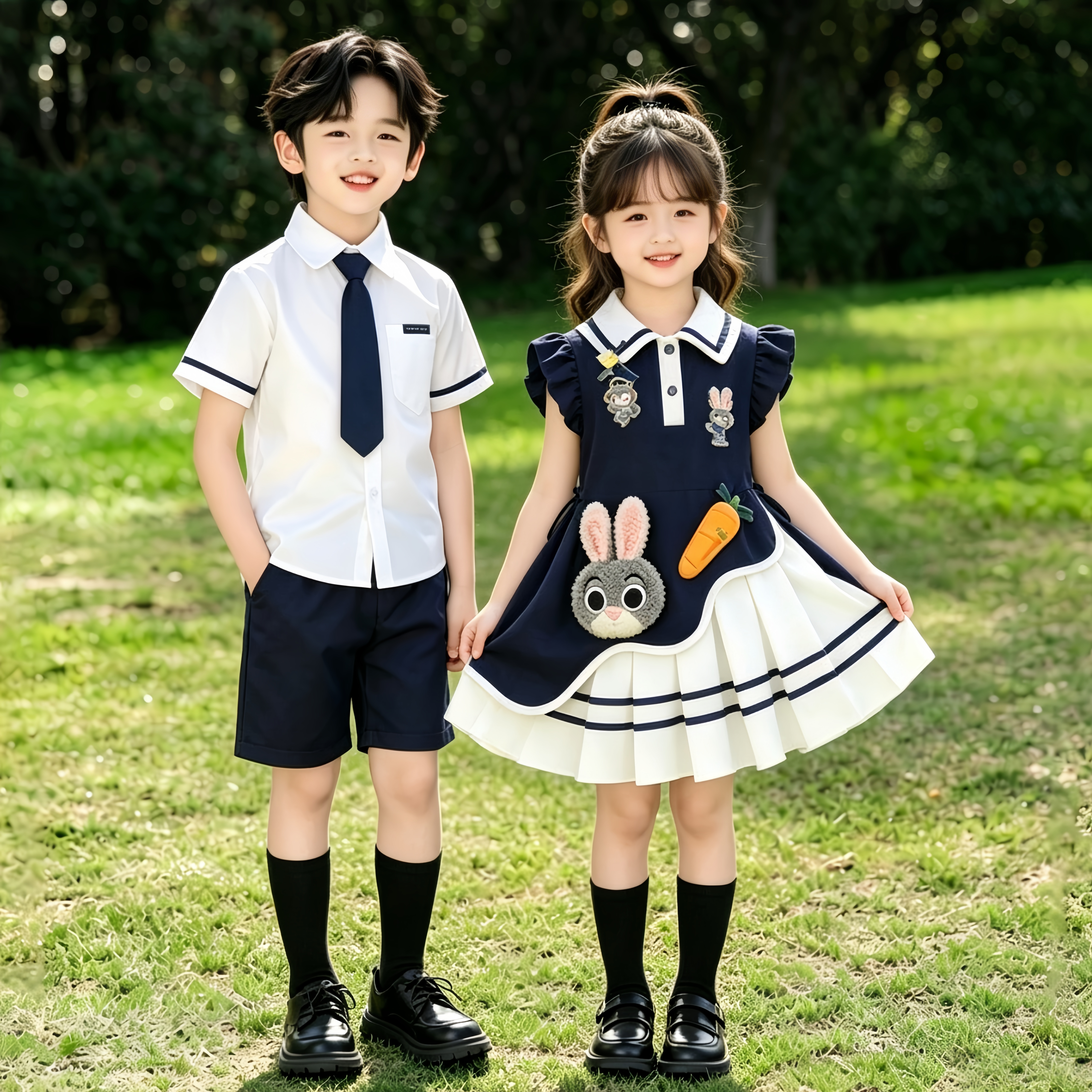 女童兔子警官连衣裙夏季男孩中小童学院风衬衫套装六一儿童表演服