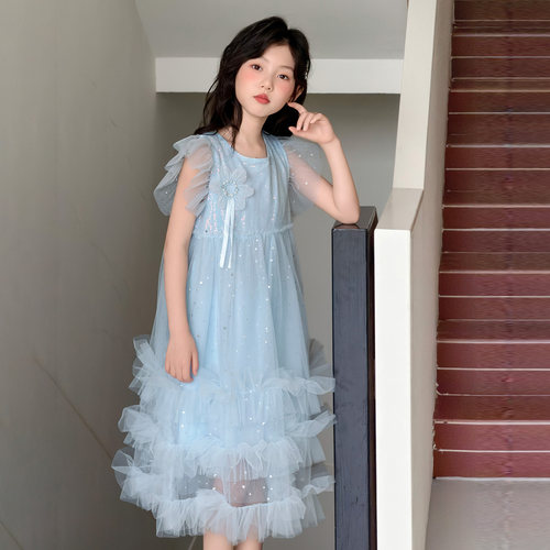 女童连衣裙夏季新款女孩公主裙亮片网纱裙女孩生日礼服背心纱裙
