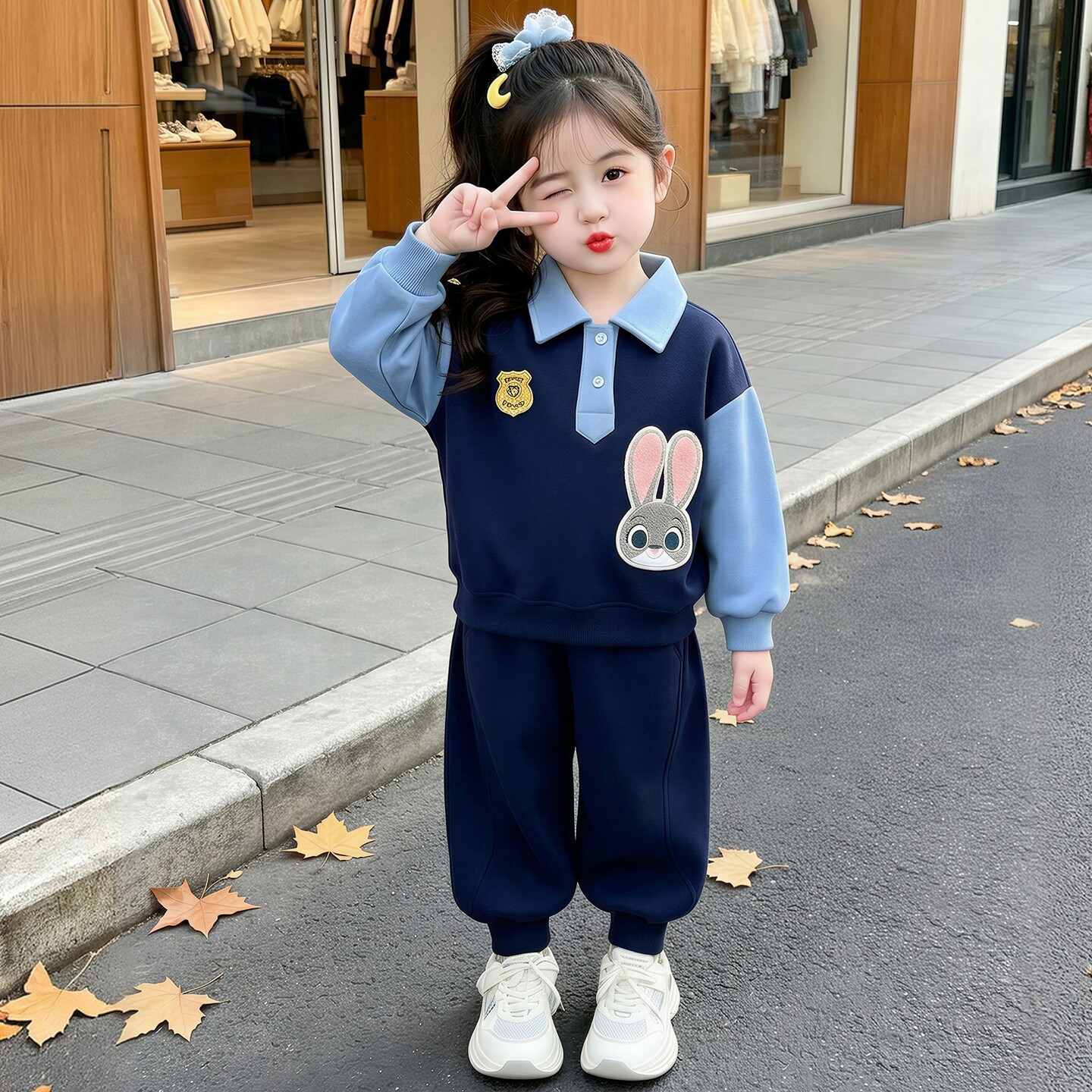 女孩朱迪套装裙卫衣套装春秋新款儿童学院风海军领裤子上衣两件套