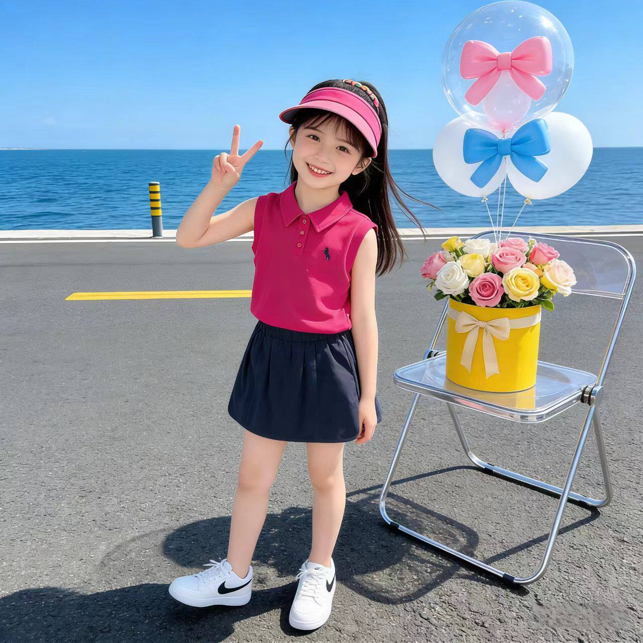 女童夏季韩版洋气小翻领无袖上衣短裙两件套儿童演出服