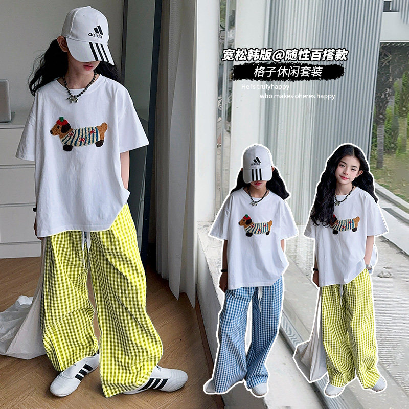 女童短袖套装夏季韩版女孩薄款T恤两件套大童纯棉上衣格子休闲裤