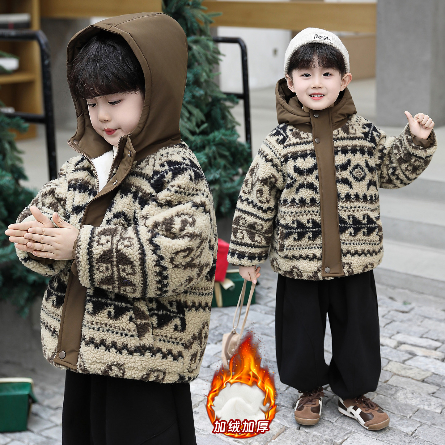 男童毛毛衣冬季新款儿童加绒加厚棉衣外套中小童男孩连帽棉服棉袄