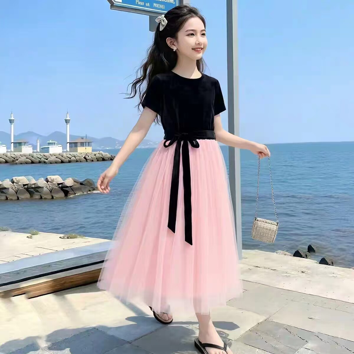 女童黑粉天鹅连衣裙夏季新款女孩公主裙长裙中大童文艺风纱纱裙子