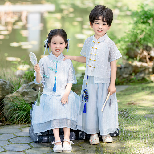 男童新中式唐装汉服夏季套装女童中国风古装两件套六一儿童表演服