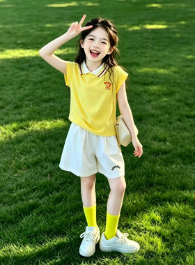 女童Polo衫套装夏季韩版女孩短袖短裤两件套中大童运动休闲夏装潮
