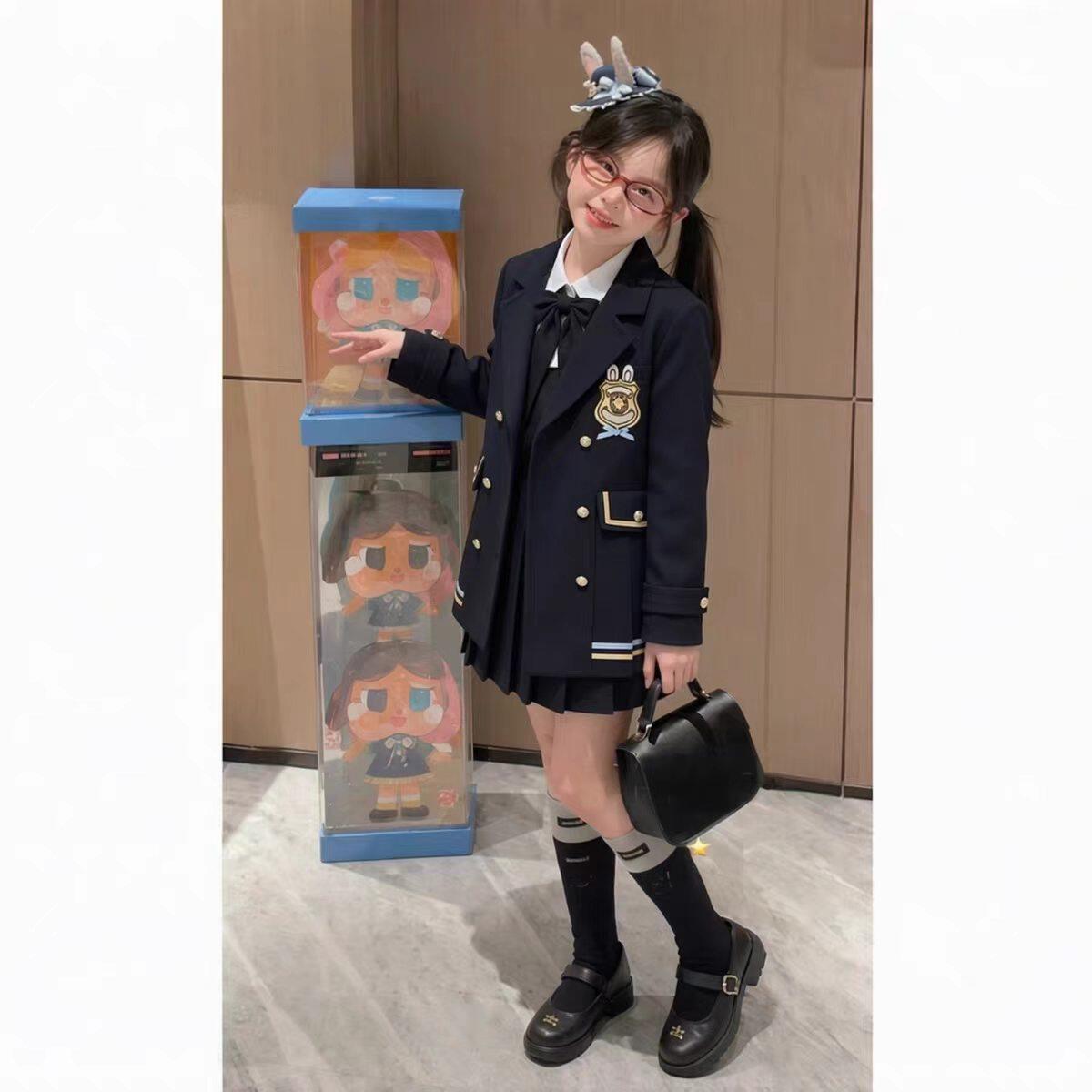 女童学院风套装春秋新款女孩西装外套假两件连衣裙班服团体演出服