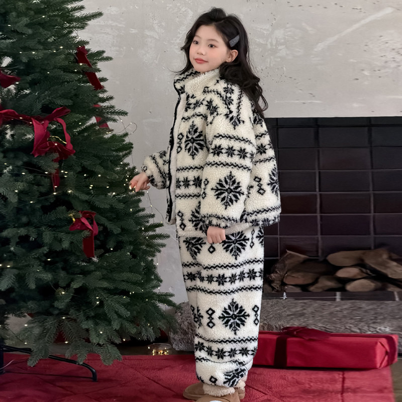 男女同款睡衣冬季新款儿童家居服套装加绒加厚保暖两件套冬装潮流