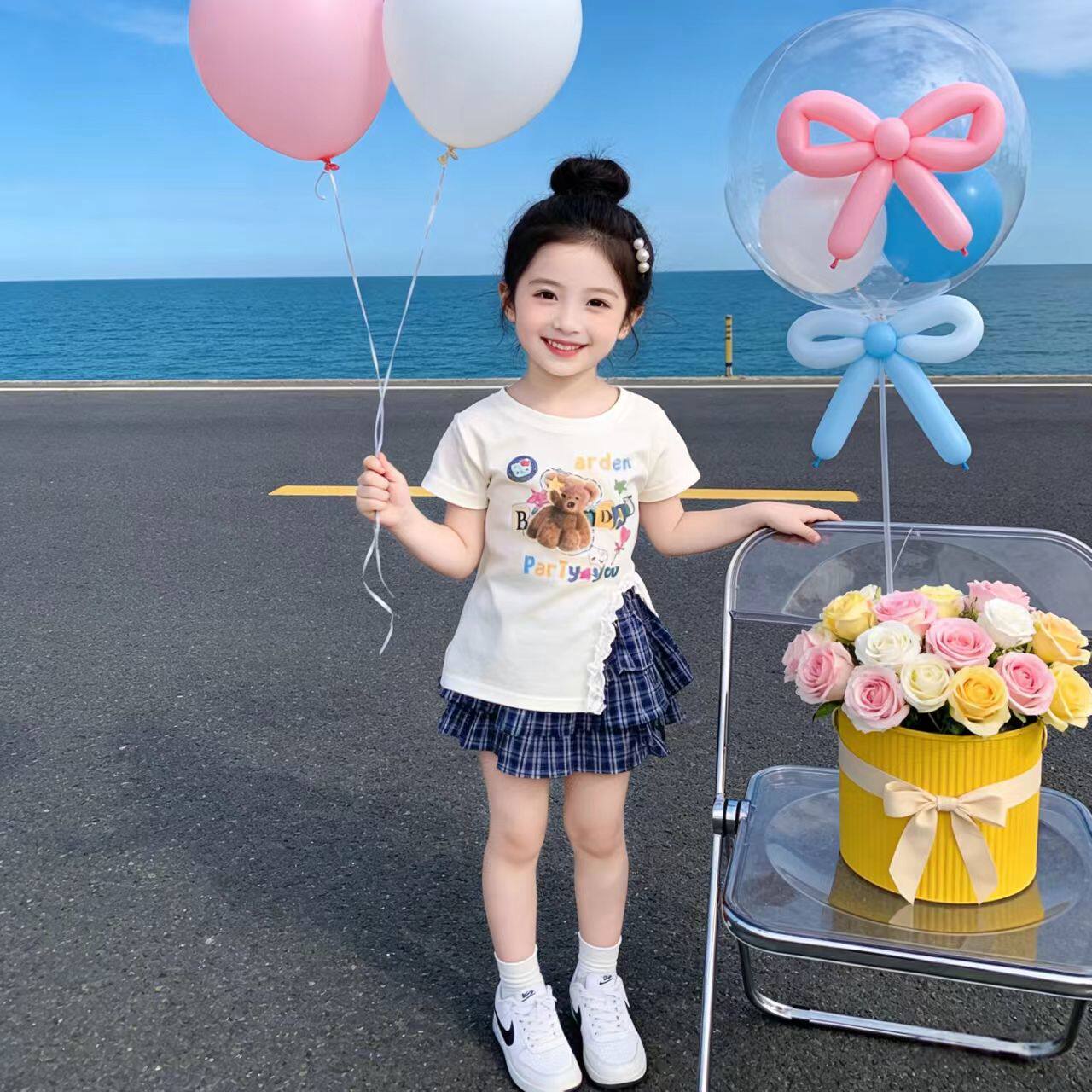 女童短袖袖娃娃领夏季新款小熊运动套装裙子女孩可爱潮流卡通图案