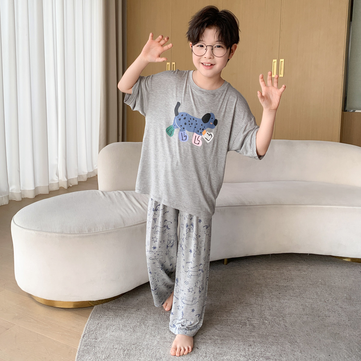 男童睡衣套装2026夏季新款儿童男孩中大童薄款短袖家居服三件套