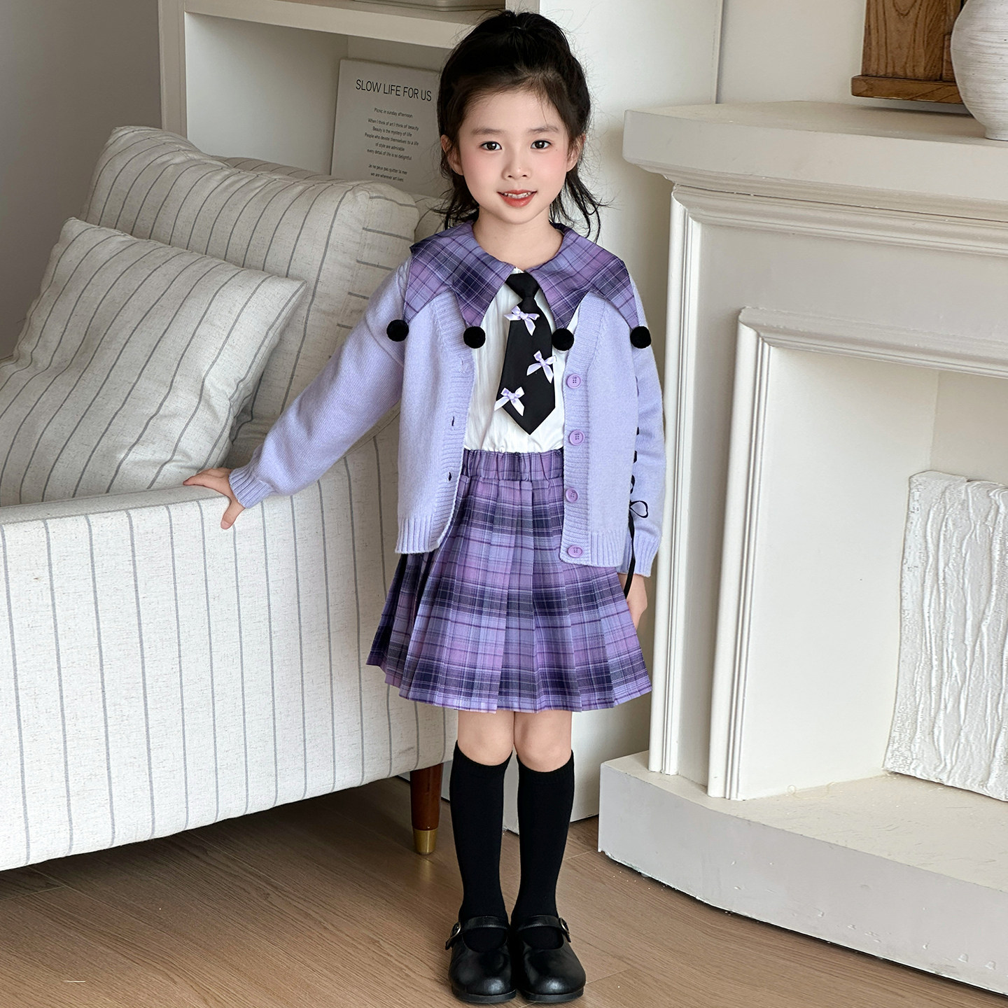 女童库洛米学院风演出服春秋儿童毛衣衬衫格子裙三件套表演cos服