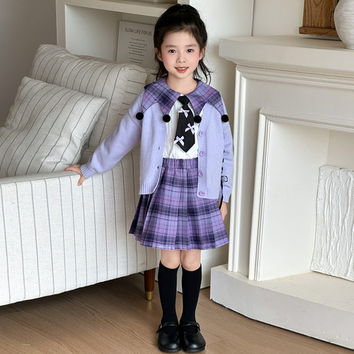 女童库洛米学院风演出服春秋儿童毛衣衬衫格子裙三件套表演cos服