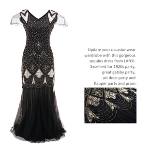 Beaded Sequin ArtDeco 1920s Evening Gown Formal Dress Gatsby